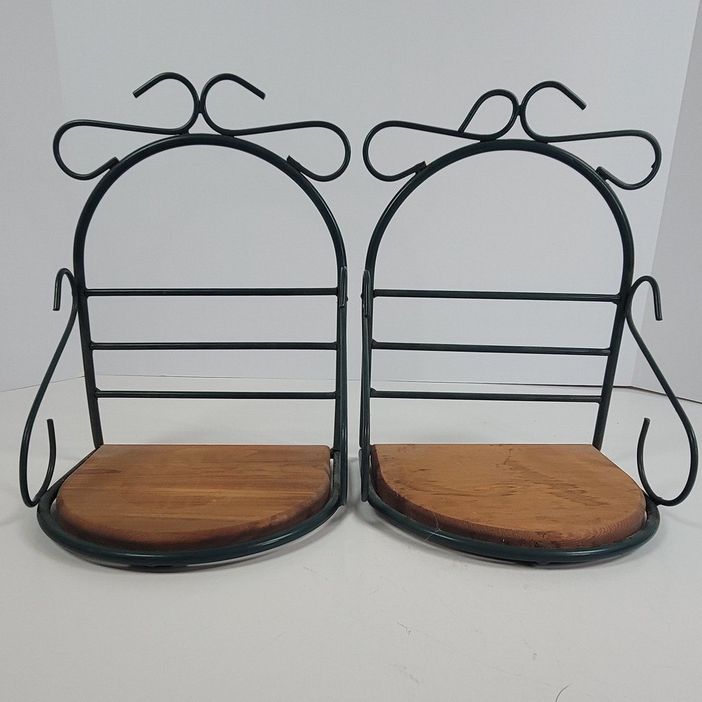 Vintage Green Metal Bow Scroll Wall Shelves Wood Base Set of 2 Farmhouse Decor